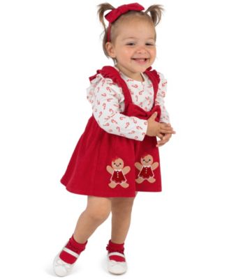 Baby Girls' Holiday Gingerbread Appliqu&eacute; Corduroy Long-Sleeve Bodysuit, Pinafore Dress, Headband and Socks, 4-Piece Set
