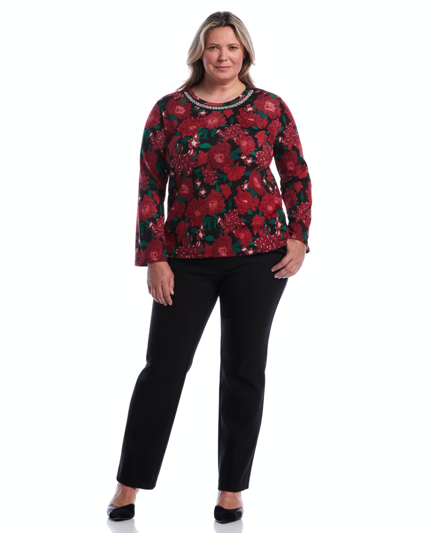 Женская футболка Rafaella Plus Size Floral-Print Bell-Sleeve Embellished, цвет: Красный — фото 2