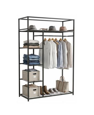 Portable Clothing Rack with Shelves, Freestanding Metal Garment Organizer with 2 Hanging Rods, Removable Shelf, Anti-Tip Kit, Black