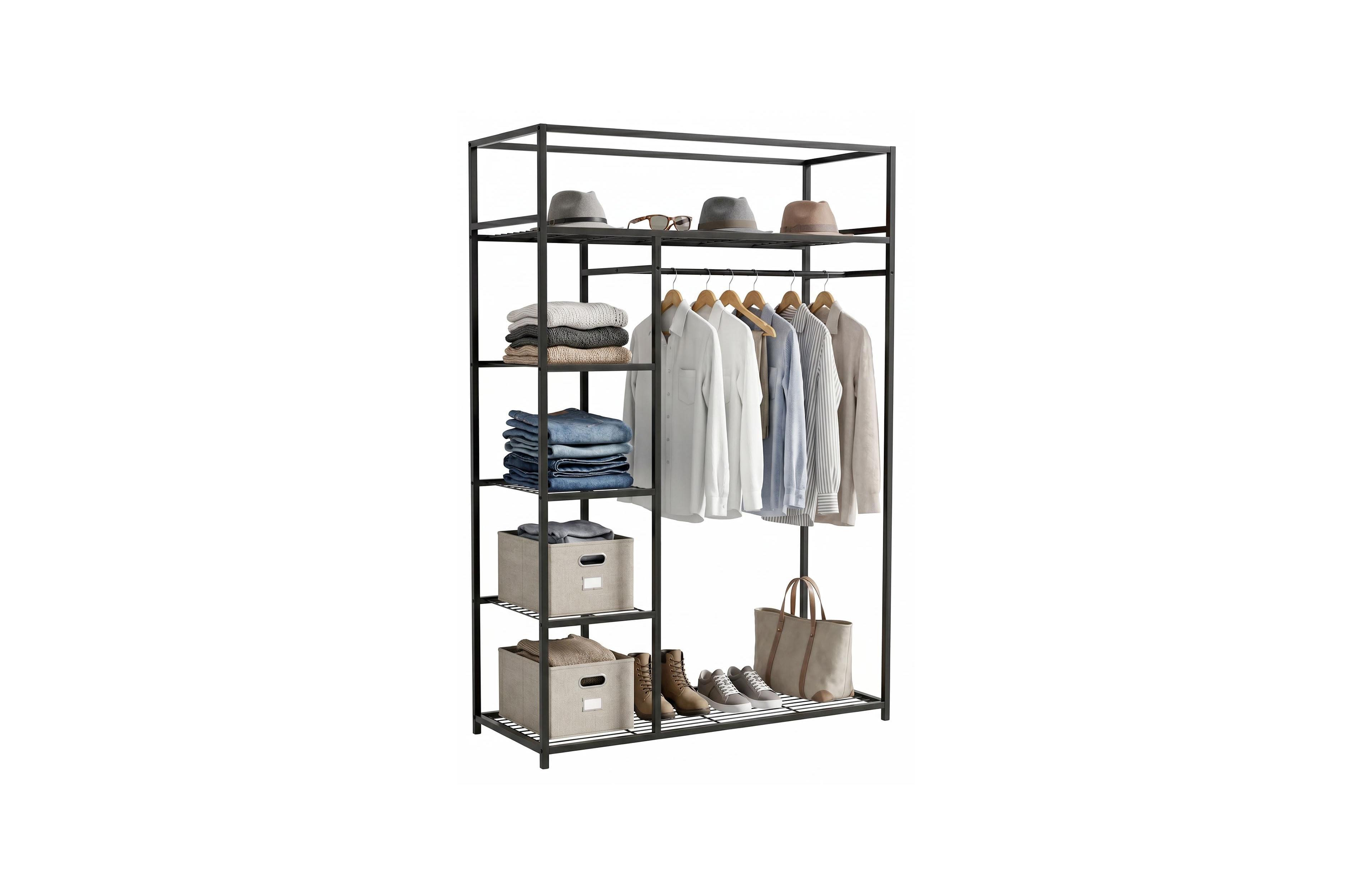 Portable Clothing Rack with Shelves, Freestanding Metal Garment Organizer with 2 Hanging Rods, Removable Shelf, Anti-Tip Kit, Black