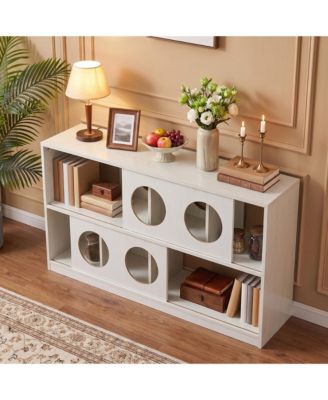 Double Shelf Cubby Storage Organizer, Short Bookshelf For Home, Modern Geometric Bookshelf With Round Cutout Design