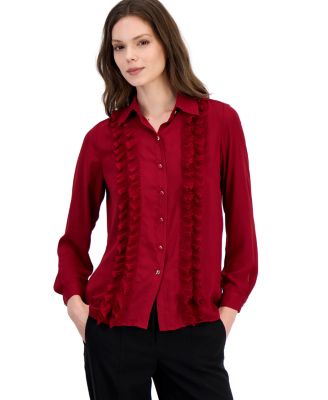 Women's Long-Sleeve Button-Front Ruffle Blouse