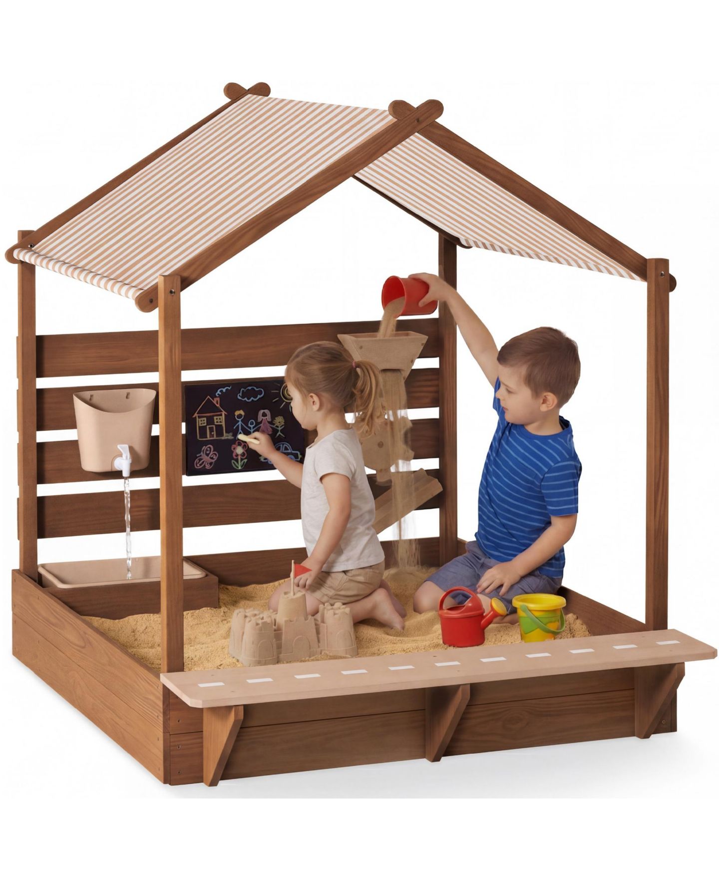 Детская игрушка Best Choice Products Wooden Sandbox 52" x 45", Canopy & Water Table Playset, Fits 4 Kids, Ages 3+, цвет: Бежевый — фото 1