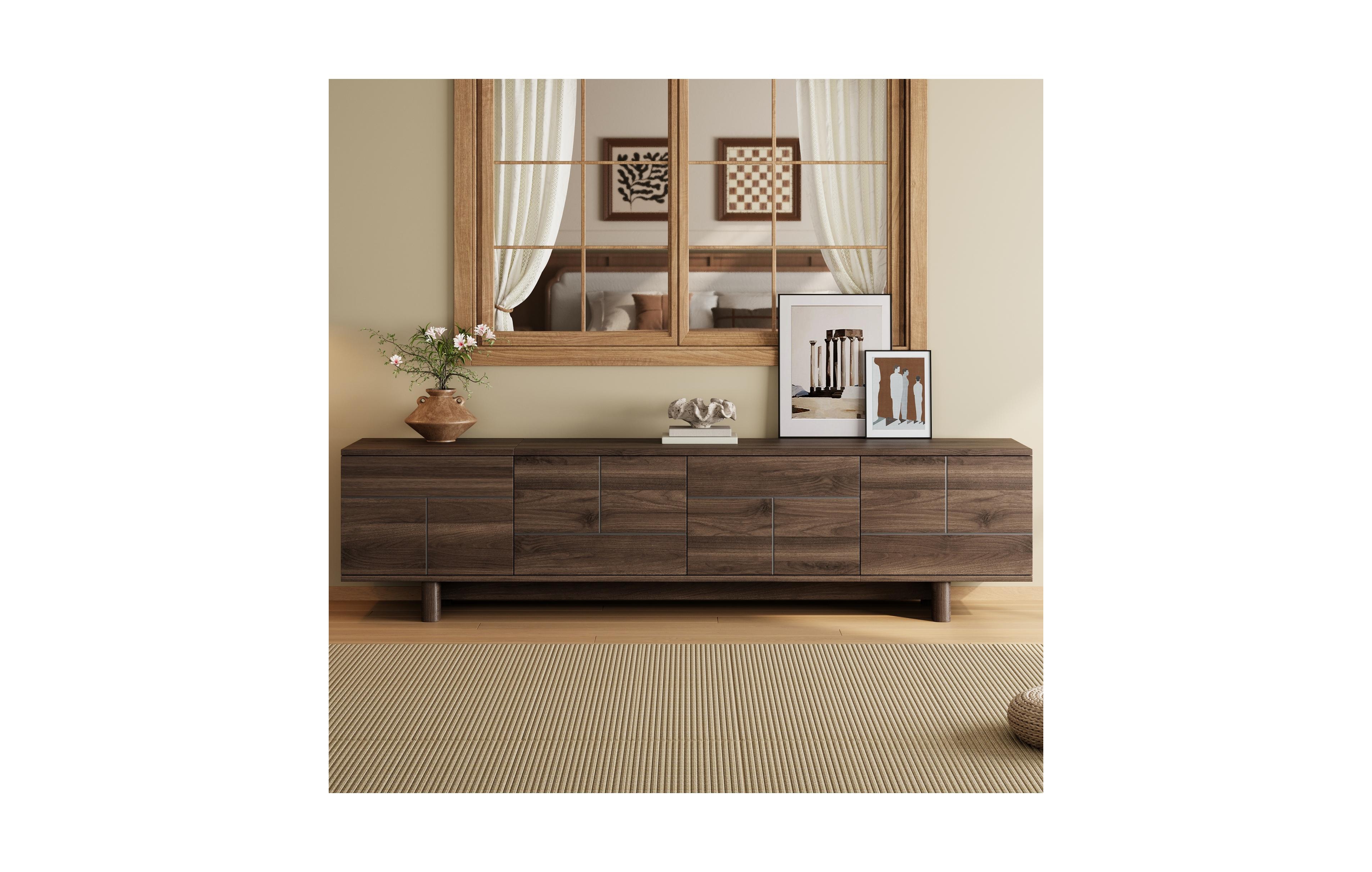 Flynama 78.7" Push-Open Tv Stand Solid Pine Leg Media Console Adjustable Shelves For 85" Tv