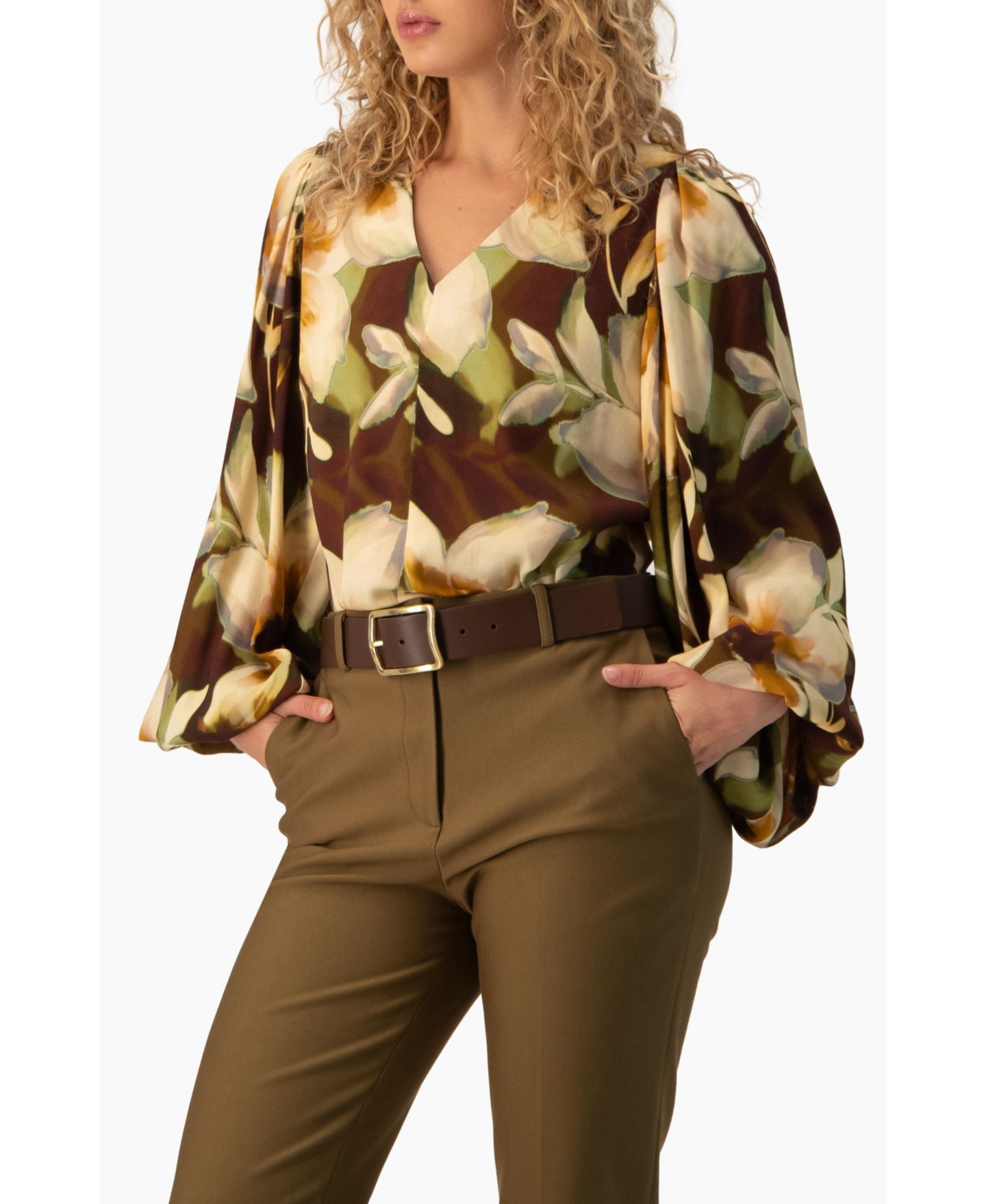Женская блузка Ivonne Floral-Print Puff-Sleeve V-Neck, цвет: Коричневый — фото 4