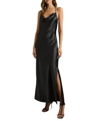 Women's Metallic Cowl Slip Satin Side-Slit Dress