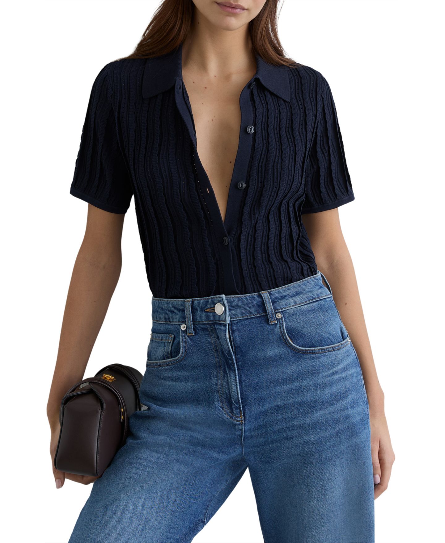 Женское поло REISS Audrey Ribbed Polo, цвет: Тёмно-синий — фото 1