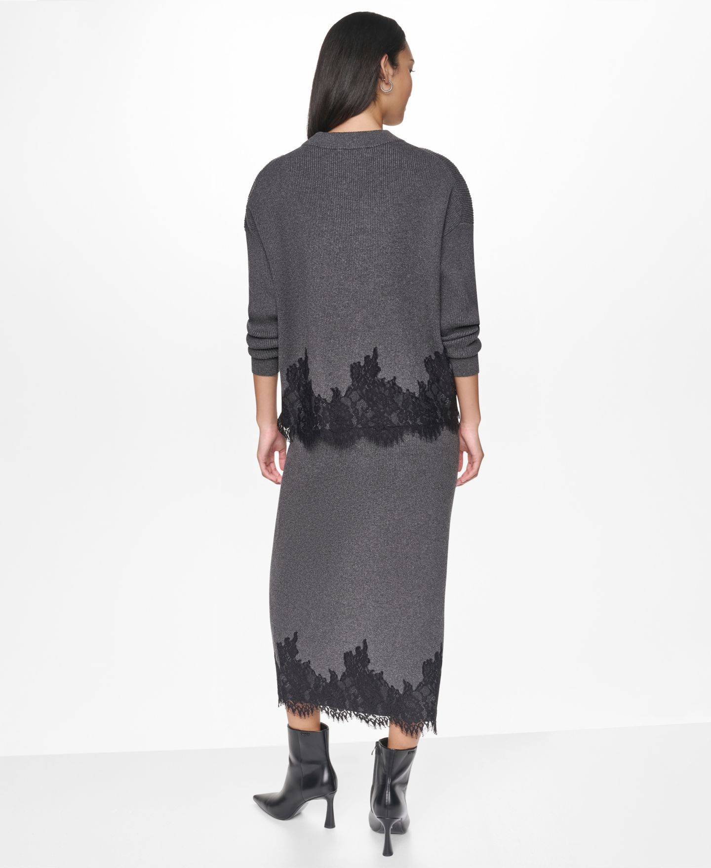 Женский свитер DKNY Lace-Trim Long-Sleeve Loose-Fit, цвет: Асфальтовый — фото 8