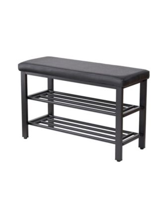 Small Shoe Bench with 3-Tier Shoe Rack, PU Seat Cushion and Metal Mesh Storage Shelves