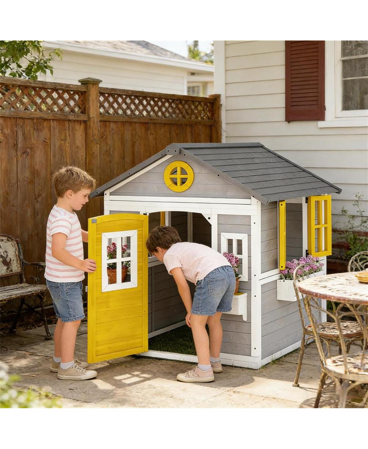 Yobtop Kids Outdoor Wooden Playhouse with Front Door and Windows, Ages 3-8 - Gray+yellow,white