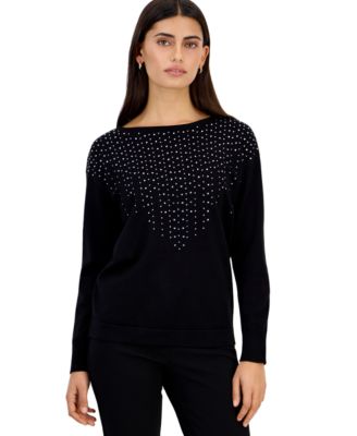 Petite Raining Sequin Boat-Neck Long-Sleeve Embellished Sweater