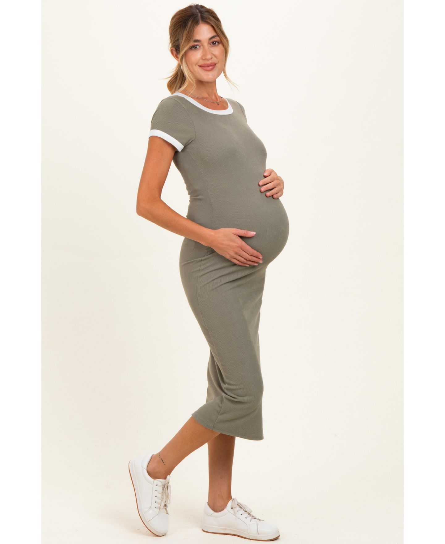 Женское платье Pinkblush Faded Olive Colorblock Trim Midi, цвет: Оливковый зелёный — фото 2