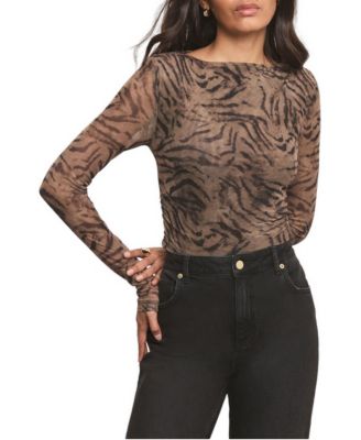 Women's Long-Sleeve Animal Print Draped Boat Neck Top