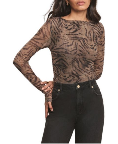 Женский топ Mint Velvet Long-Sleeve Animal Print Draped Boat Neck, цвет: Коричневый