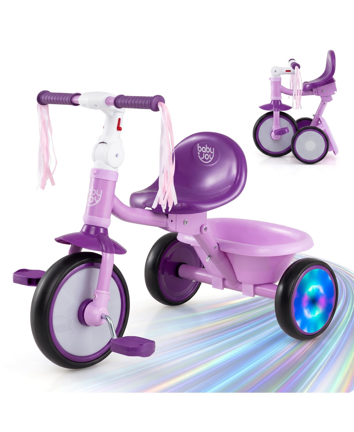 Costway Foldable Toddler Tricycle with Lighting Wheels, Adjustable Seat, Storage Basket, Ages 2-5