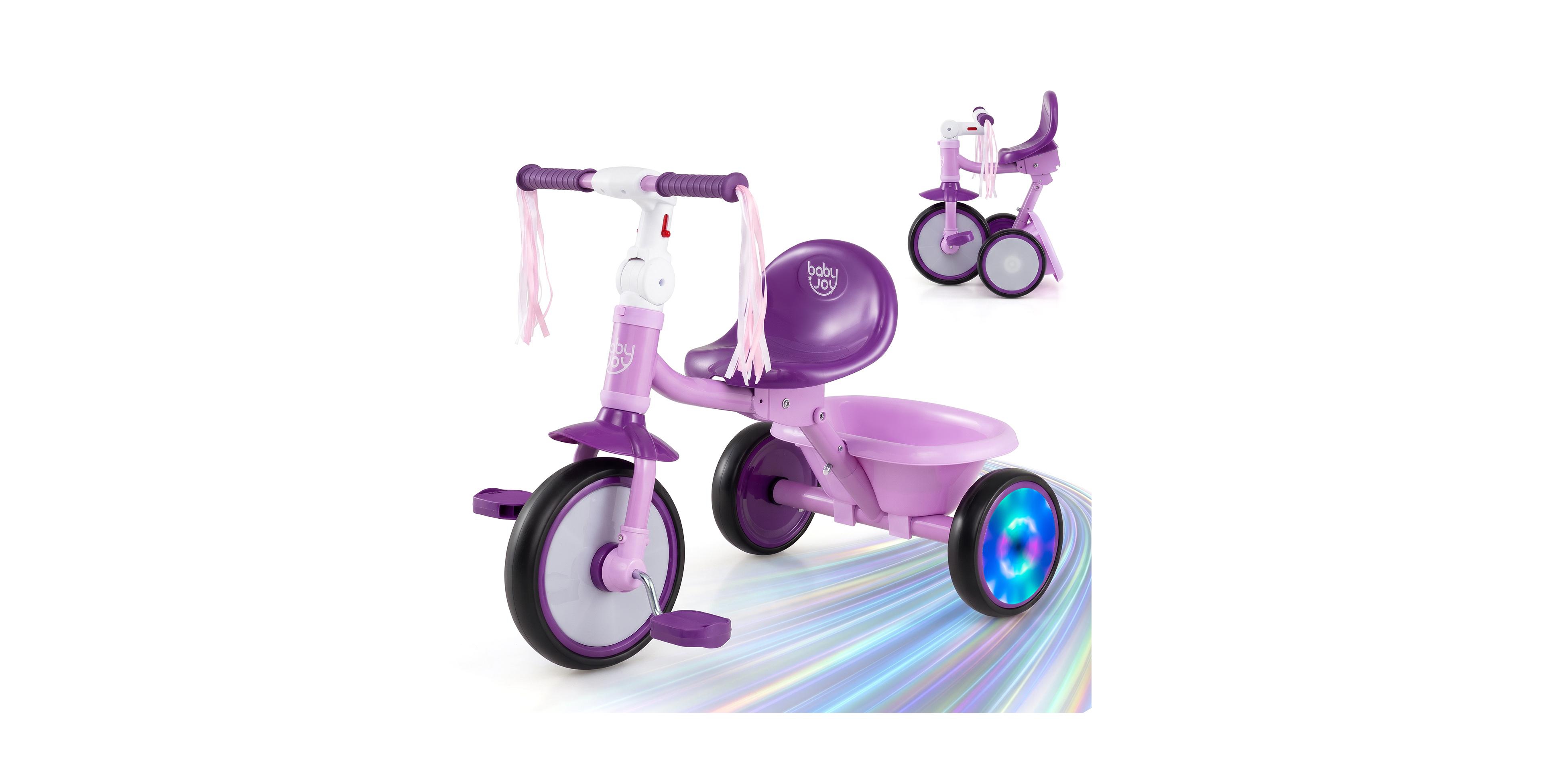 Costway Foldable Toddler Tricycle with Lighting Wheels, Adjustable Seat, Storage Basket, Ages 2-5