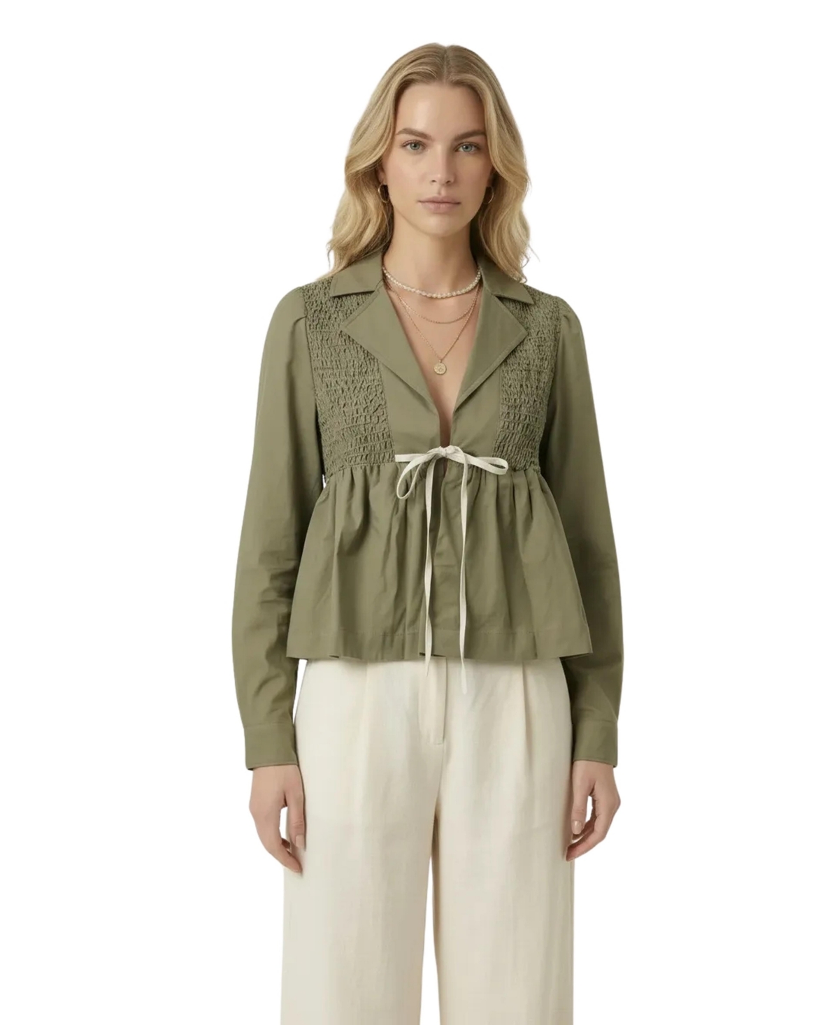 Modenaire Women's Smocked Panel Tie-Front Peplum Blouse