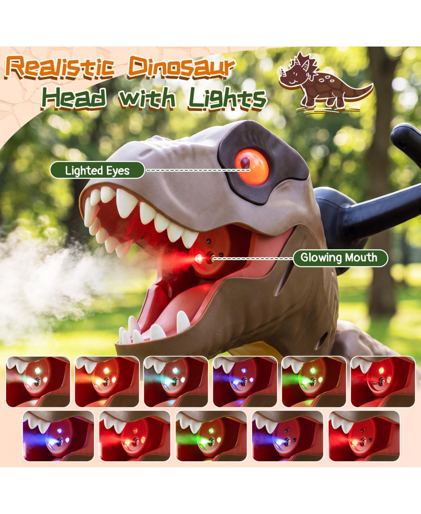 Детская игрушка Costway Dinosaur Drift Tricycle with Lights & Mist Spray, 66 lb. Capacity, Ages 3-8, цвет: Коричневый — фото 9