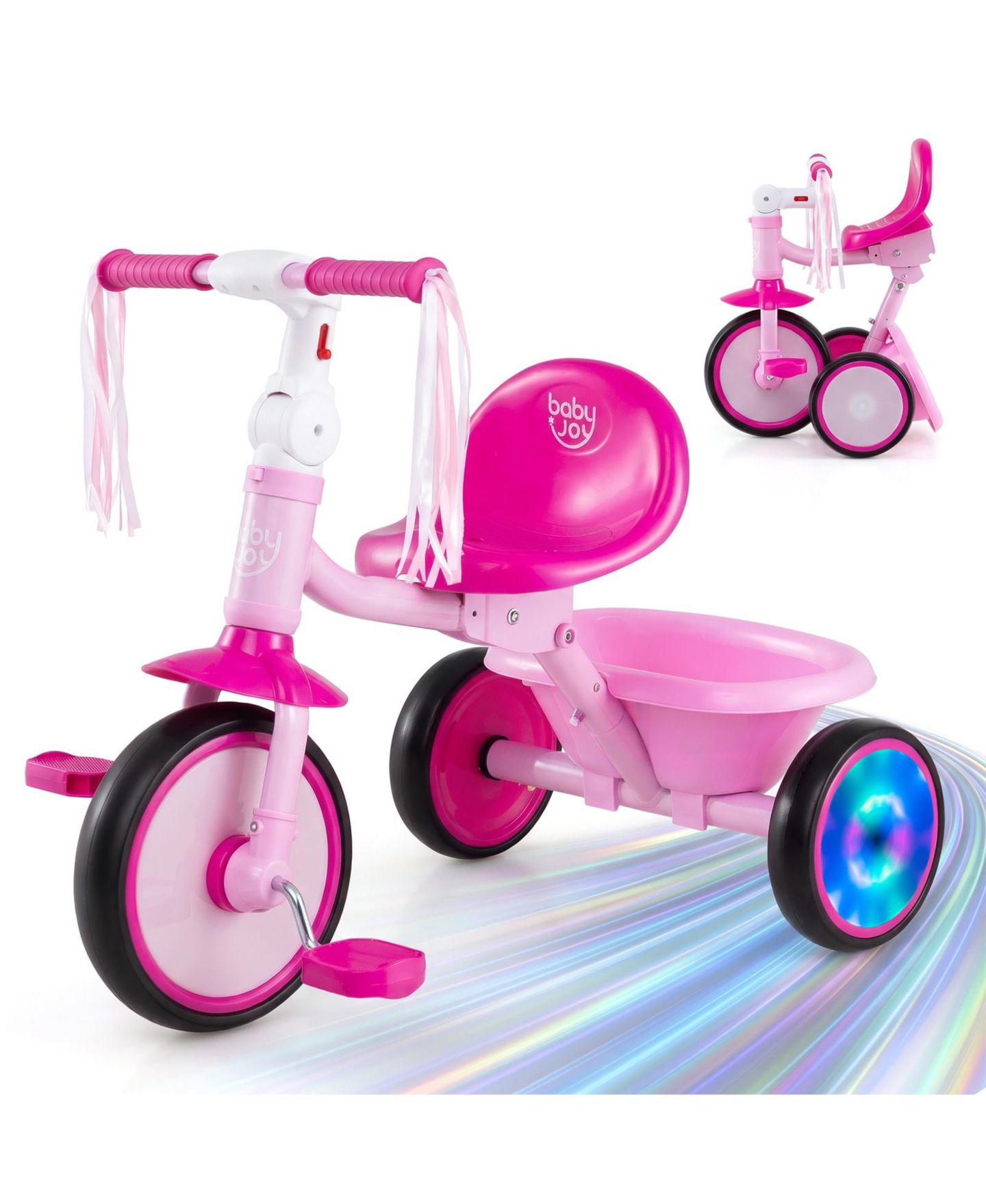 Детская игрушка Costway Foldable Toddler Tricycle with Light-Up Wheels and Adjustable Seat, 55 lb. Capacity, Ages 2-5, цвет: Розовый — фото 1