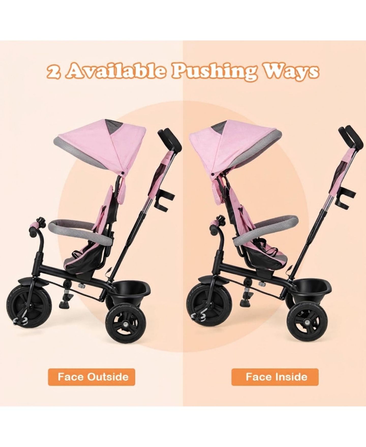 Детская игрушка HONGGE 4-in-1 Baby Trike with Removable Canopy, 55 lb. Capacity, Ages 9 Months-5 Years, цвет: Розовый — фото 6