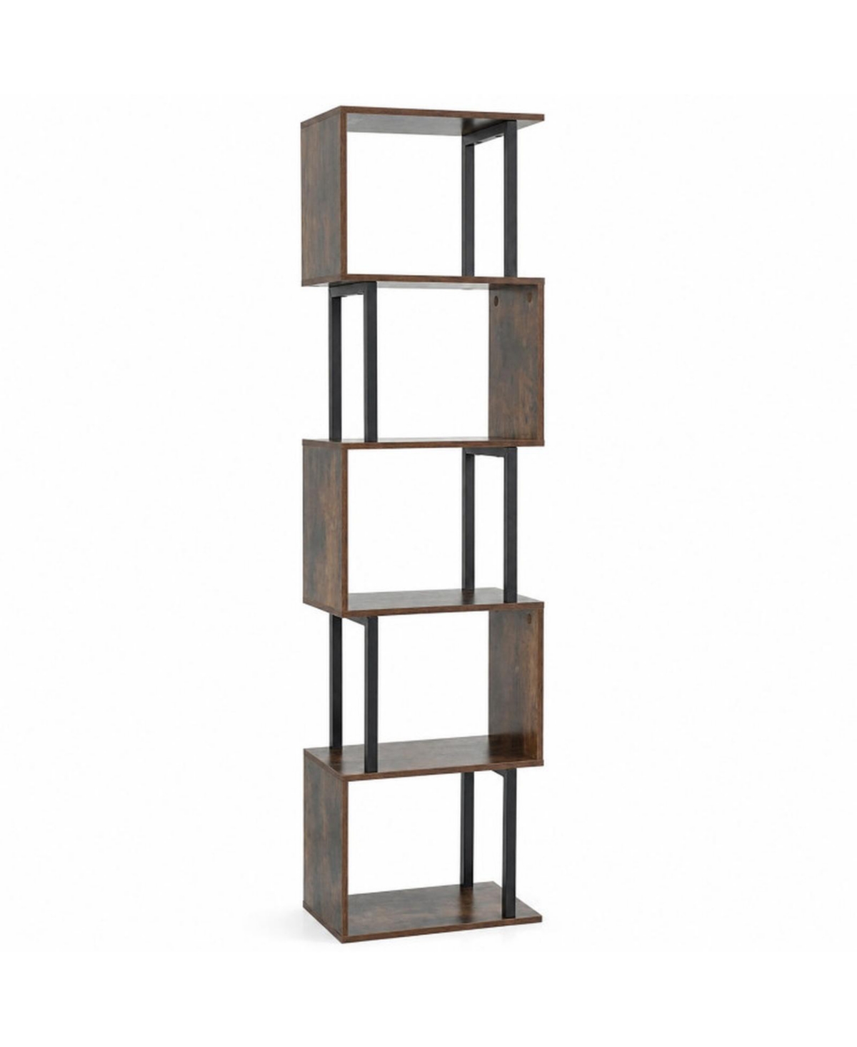 Sugift 5-Tier S-Shaped Bookshelf with Open Cubes and Anti-Toppling Kits for Living Room - Medium brown