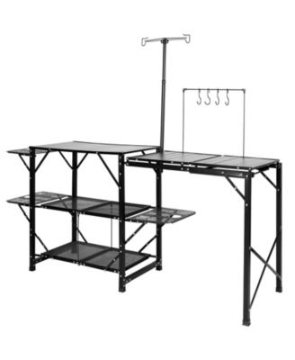 One Piece Folding Aluminum Camping Kitchen Table with Carrying Bag 3 Side Tables 2 Shelves and Sink