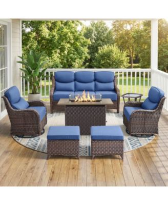 7 - Person Wicker Patio Conversation Set with Fire Pit Table and 6-Inch Luxury Cushions Swivel Chairs, Side Table