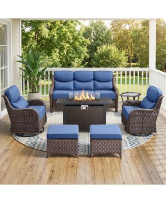 7 - Person Wicker Patio Conversation Set with Fire Pit Table and 6-Inch Luxury Cushions Swivel Chairs, Side Table