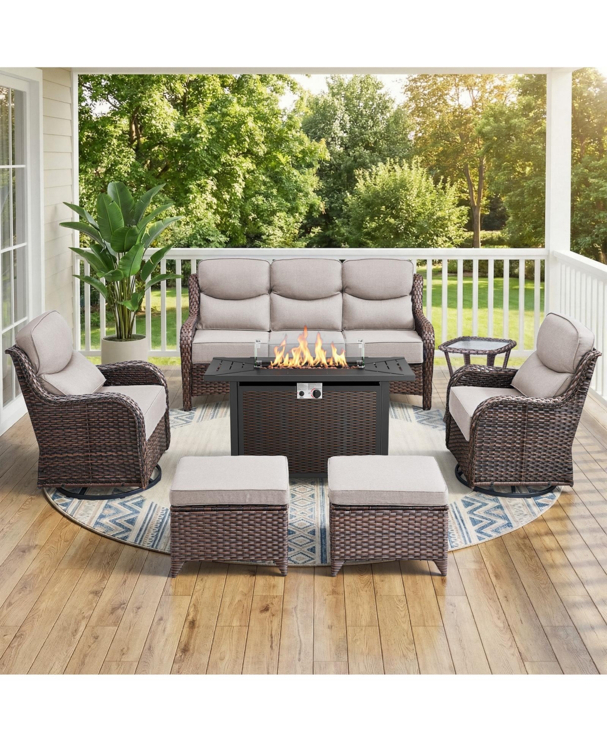 Bellefurn 7 - Person Wicker Patio Conversation Set with Fire Pit Table and 6-Inch Luxury Cushions Swivel Chairs, Side