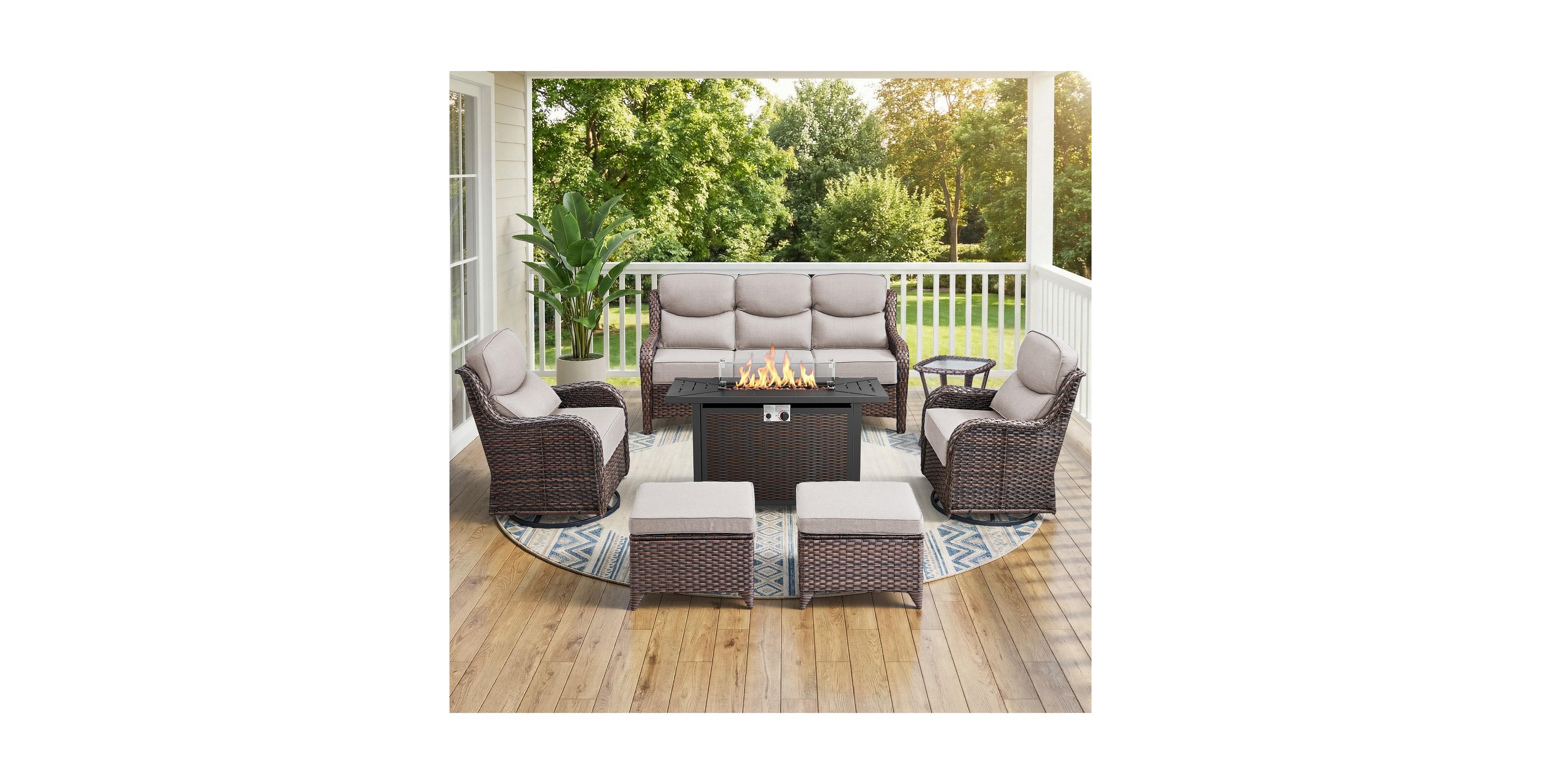 Bellefurn 7 - Person Wicker Patio Conversation Set with Fire Pit Table and 6-Inch Luxury Cushions Swivel Chairs