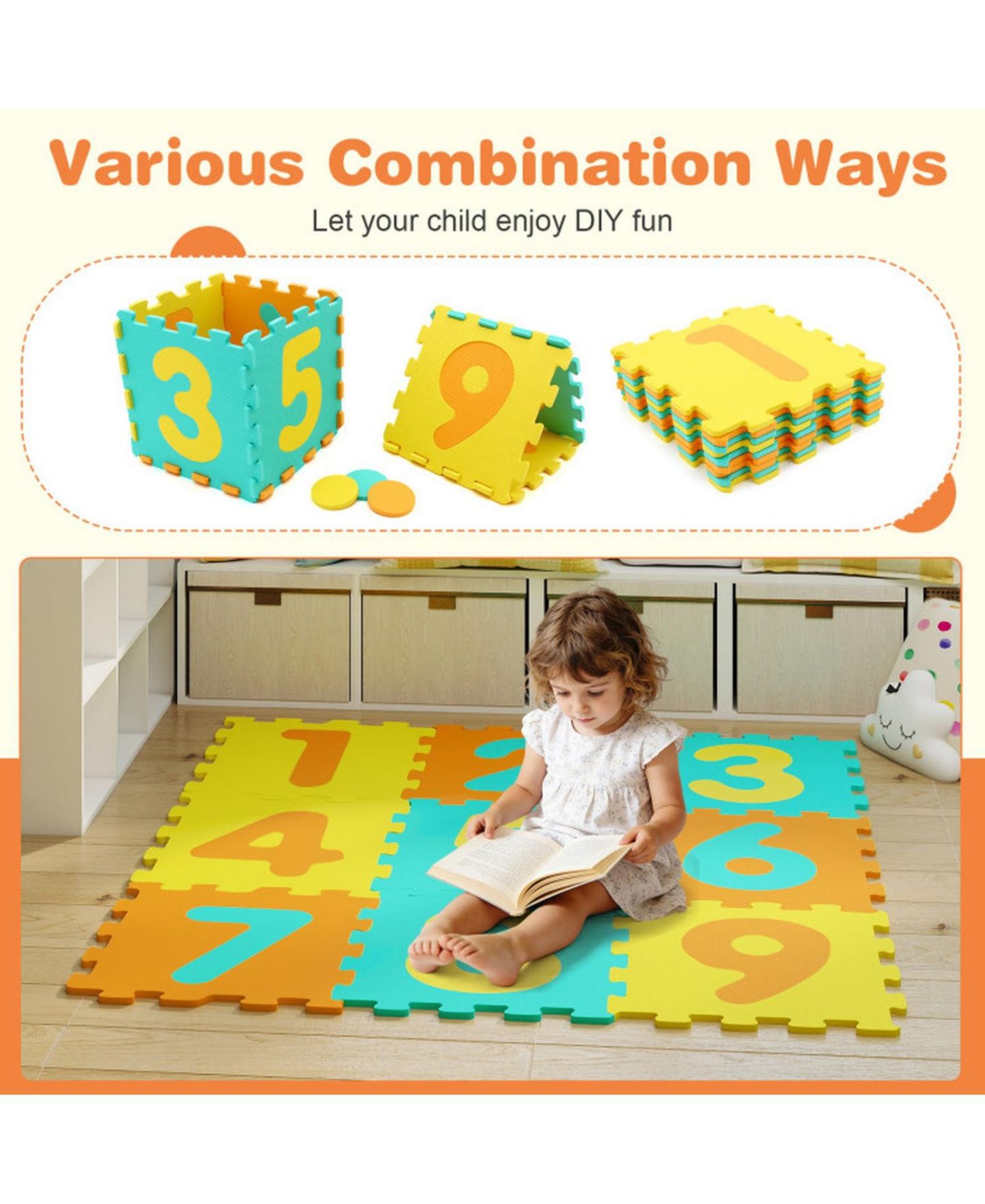Детские игрушки HONGGE 9 Piece Foam Hopscotch Play Mat with Three Marker Discs, Ages 10 Months+, цвет: Assorted Tile Colors — фото 6