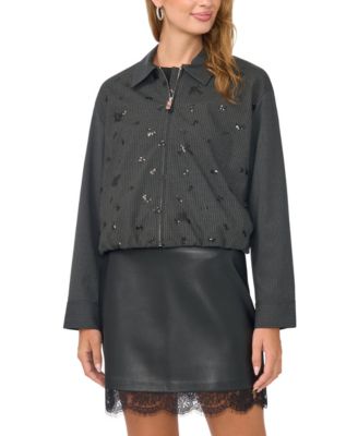 Women's Sequin-Embellished Bomber Long-Sleeve Bubble Front Zip Jacket