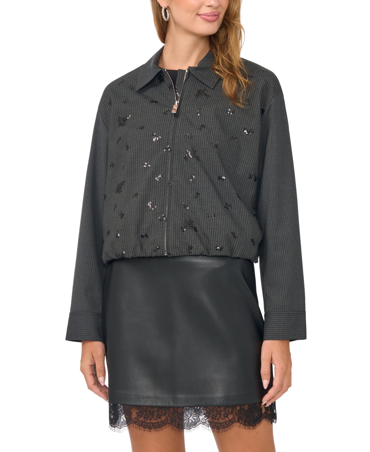 Vince Camuto Women's Sequin-Embellished Bomber Long-Sleeve Bubble Front Zip Jacket - Rich Black