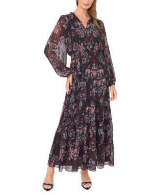 Women's Tiered-Ruffle Long-Sleeve Floral-Print Maxi Dress