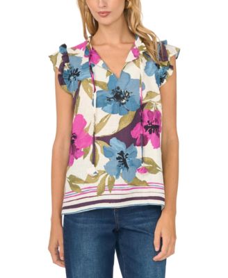 Women's Blossom Rain Floral-Print Split Neck Flutter-Sleeve Rayon-Blend Blouse