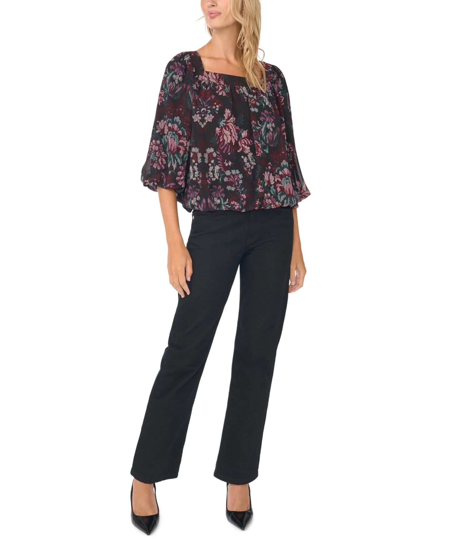 Женская блузка Vince Camuto Damask Floral Square Neck Bubble Short-Sleeve, цвет: Насыщенный чёрный — фото 2