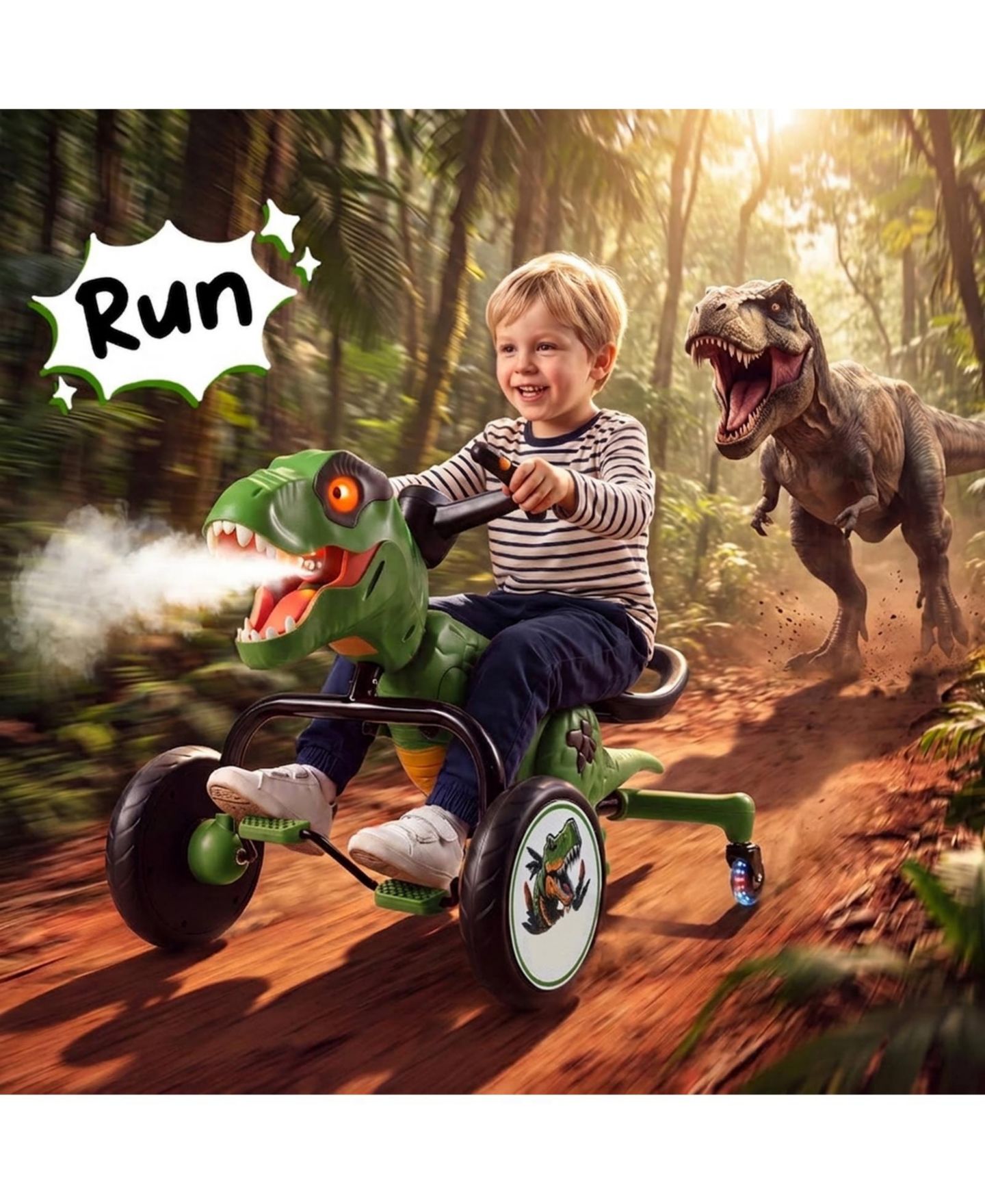 Детская игрушка HONGGE Dinosaur Drift Tricycle with Mist Spray, Roar Sound & Lighted Head, 66 lb Capacity, Ages 3-8, цвет: Зелёный — фото 8