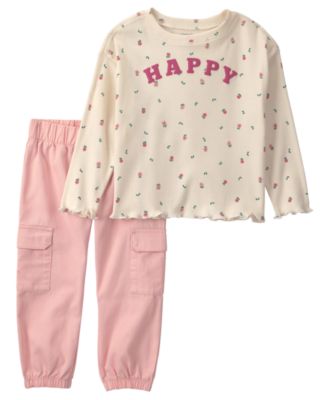 Toddler Girls' 2T-5T Happy Print Long-Sleeve Top and Cargo Pants, 2-Piece Set