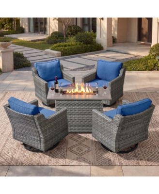 5-Piece Horiz Outdoor Patio Furniture Set with a Rectangle Outdoor Propane Fire Pit Table,4 Patio Rocking Chairs