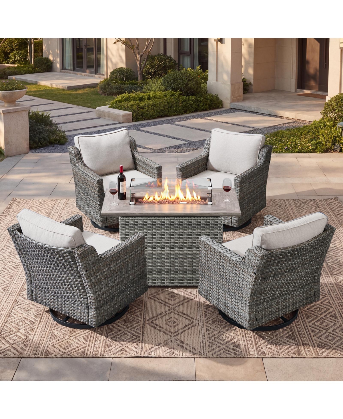 Pocassy 5-Piece Horiz Outdoor Patio Furniture Set with a Rectangle Outdoor Propane Fire Pit Table,4 Patio Rocking Chairs - Beige / gray