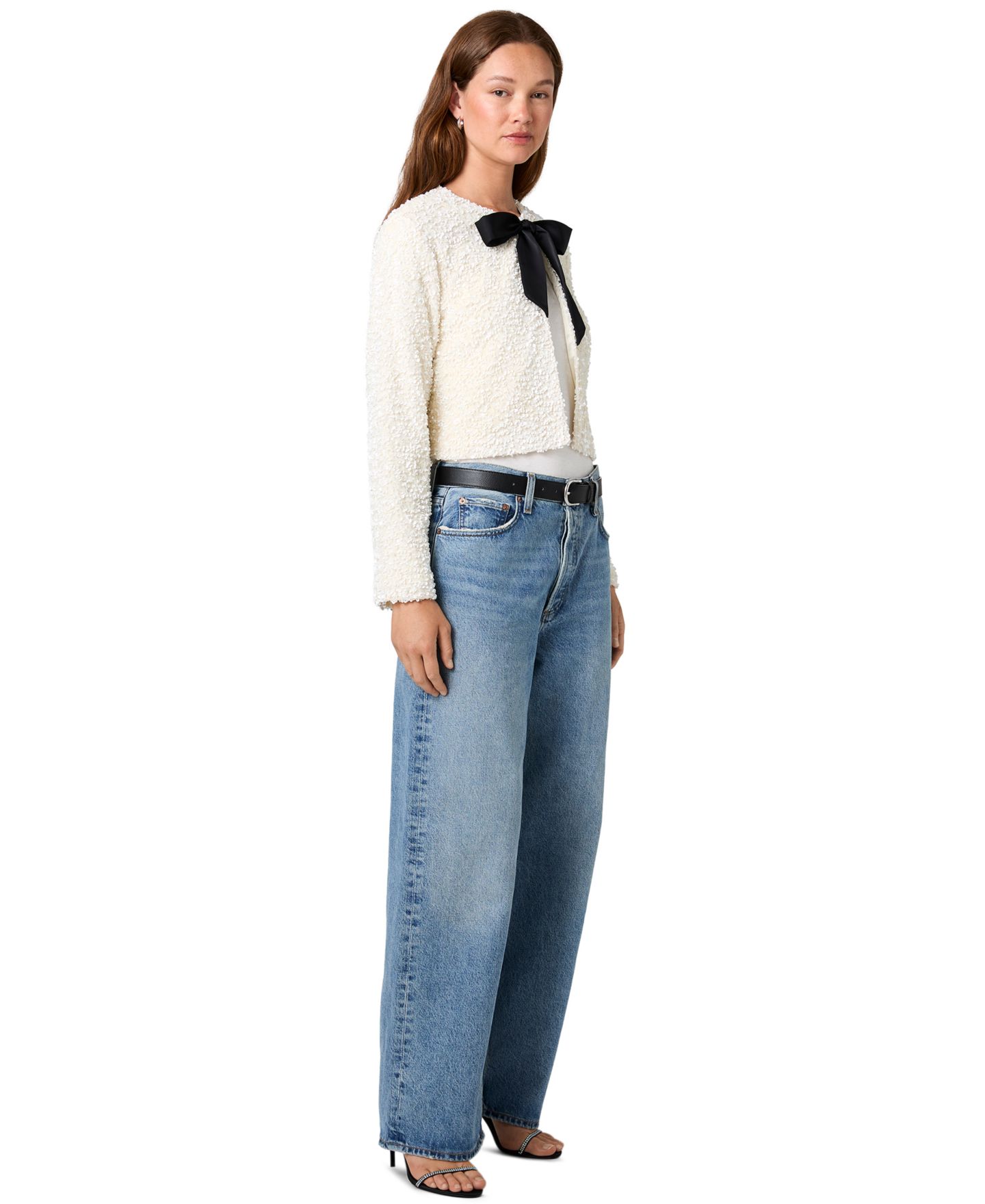 Женский топ French Connection Sequin Velvet Crop Long-Sleeve, цвет: Зимний белый / Чёрный — фото 3