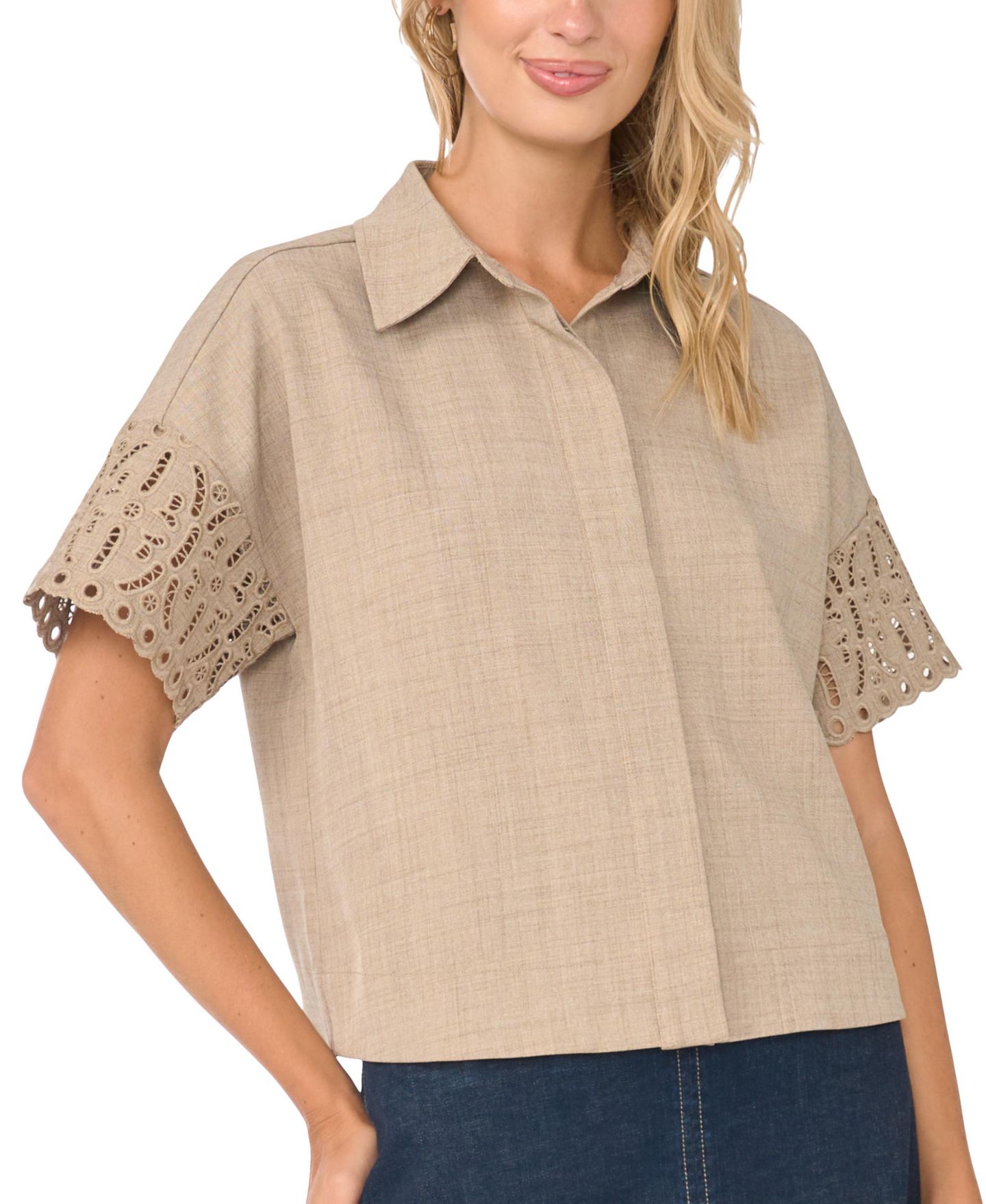 Женская блузка Vince Camuto Button Front Embroidery Sleeve, цвет: Пыльный серо-коричневый — фото 1