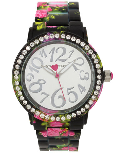 Betsey Johnson Women's Pink Floral Printed Black Bracelet Watch 40mm BJ00482-13