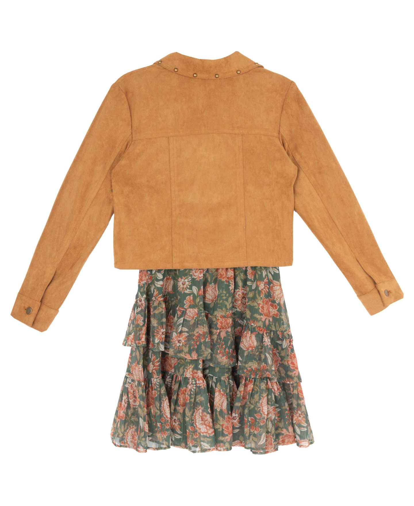 Комплекты Rare Editions Floral-Print Tiered-Ruffle Dress with Faux Suede Jacket and Necklace, 3-Piece Set для девочек, цвет: Оливковый — фото 6