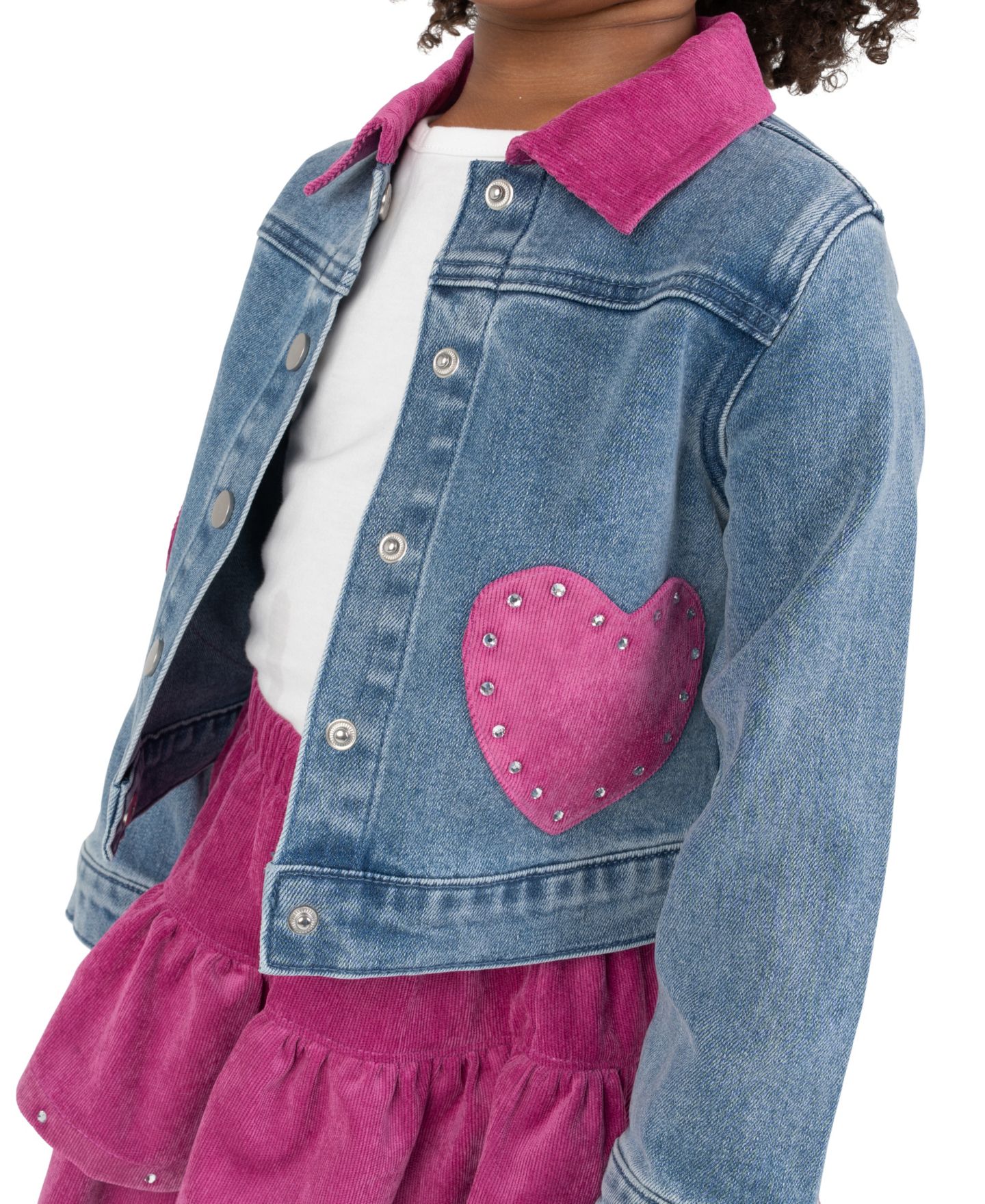 Комплекты Rare Editions Rhinestone Denim Jacket, T-Shirt, and Corduroy Skirt, 3-Piece Set для девочек, цвет: Малиновый — фото 2