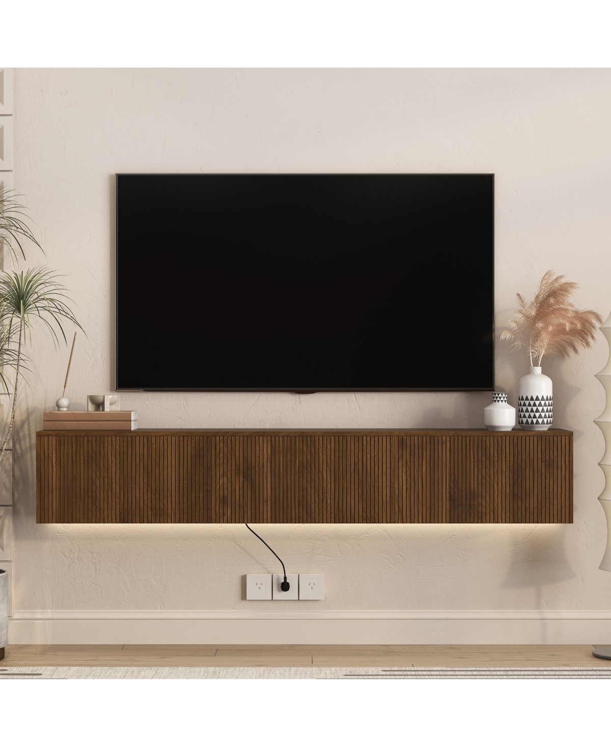 Flynama 69 Inch Floating Wall Tv Cabinet with 16 Rgb Led Lights Long Power Cord for 55-65 Inch Televisions - Brown