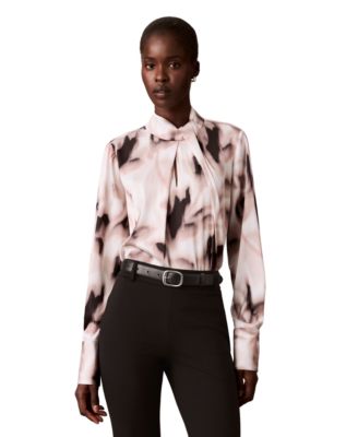 petite Keyhole Long-Sleeve Draped Blouse