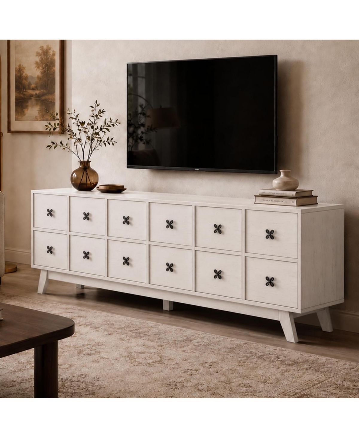 Gaomon 67 in Wood Tv Stand, Mid Century Modern Tv Stand for Up to 75 in TVs Entertainment Center with Storage, 2 Soft Close Door - Rustic white