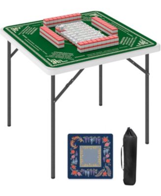 35" Square Folding Mahjong Table with Mahjong Mat, Portable 4 Player Game Card Table for Poker, Domino, Indoor and Outdoor Party