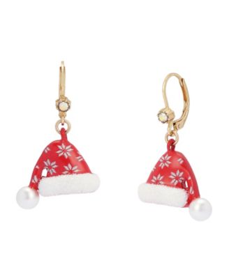 Glass Crystal and Imitation Pearl Santa Hat Drop Earrings